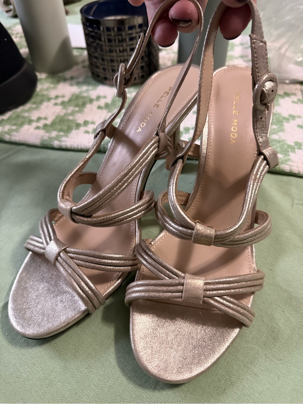 Pelle Moda Metallic Gold Strappy Knotted Slingback Heels